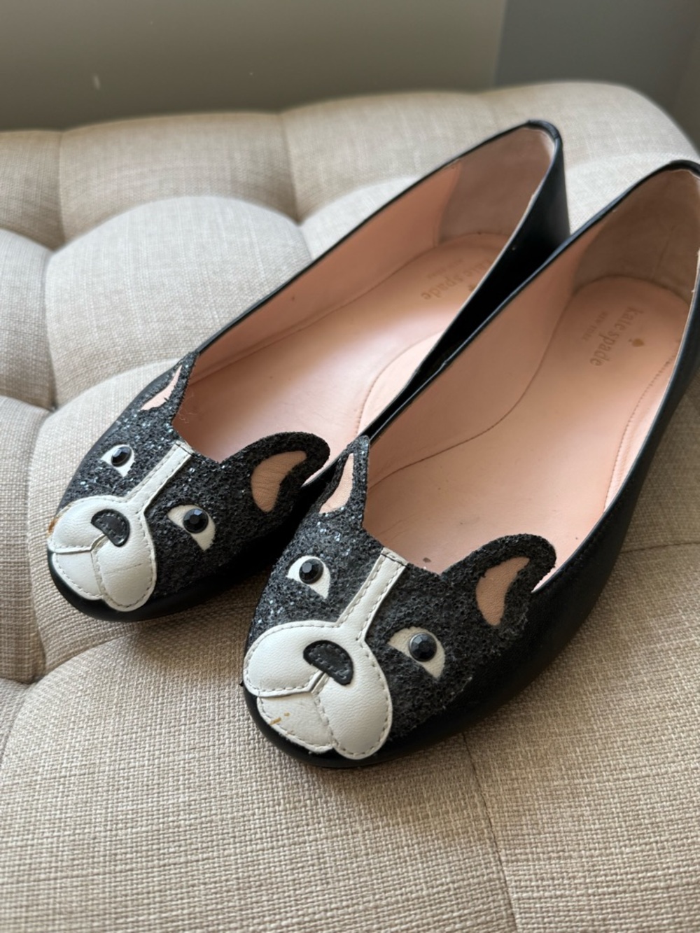 kate spade Black Leather Ballet Flats with Dog Face Appliqué